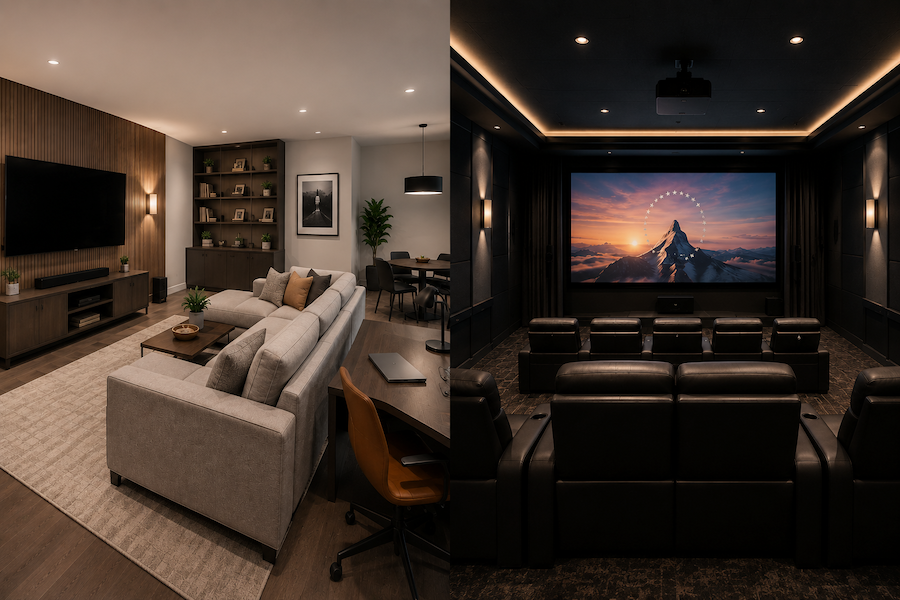 A casual media room photo next to a photo of a dedicated home theater.