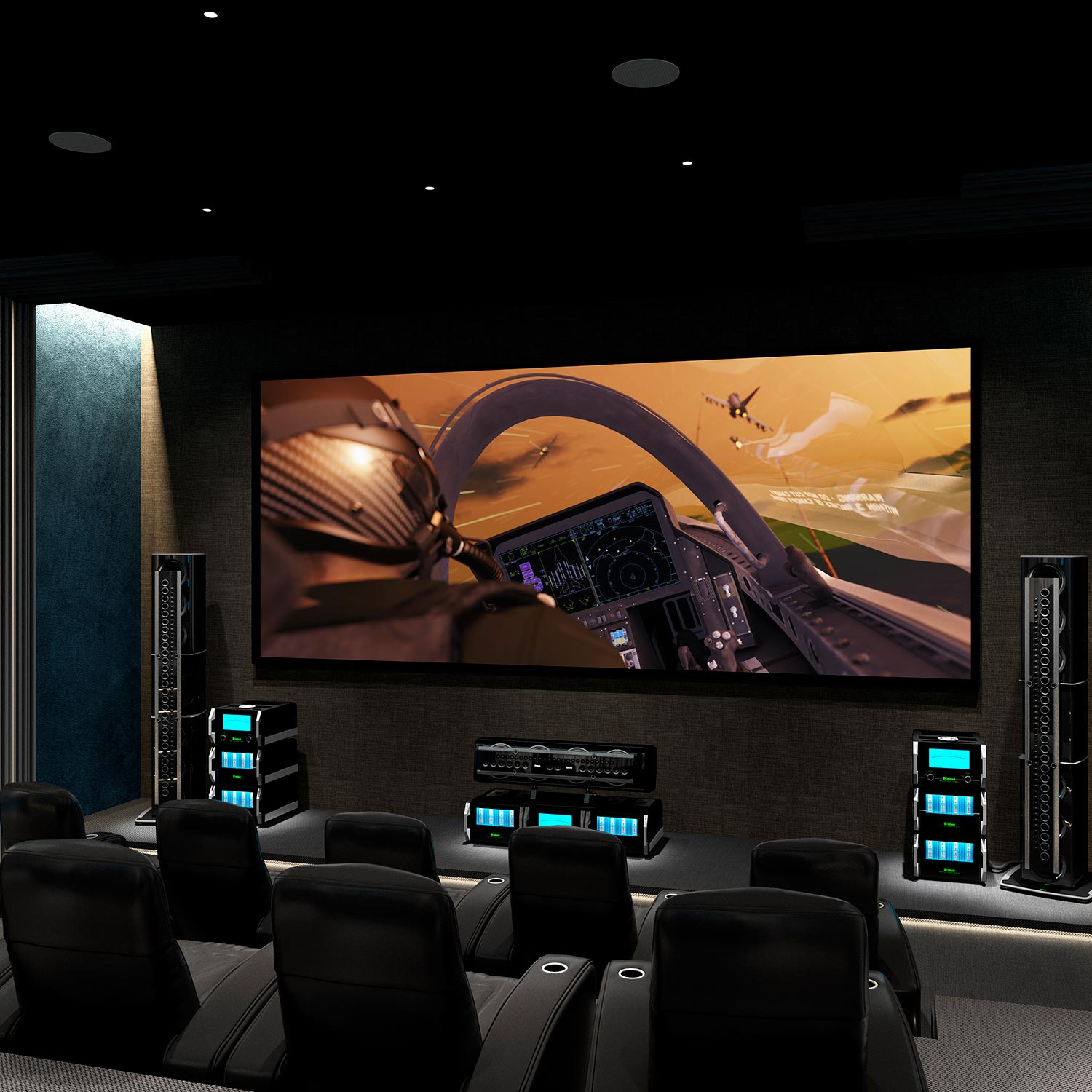 High-end home theater with leather seating and immersive screen