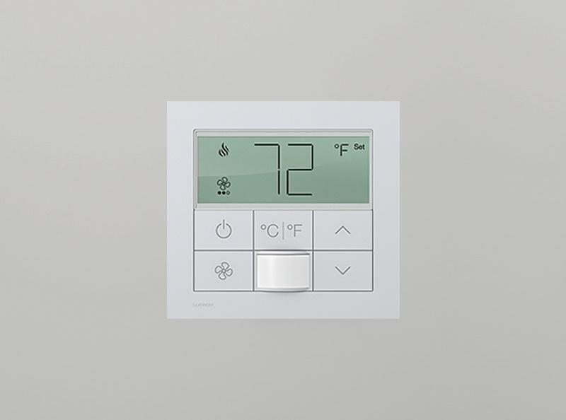 Lutron wall-mounted digital thermostat displaying a temperature of 72&deg;F.