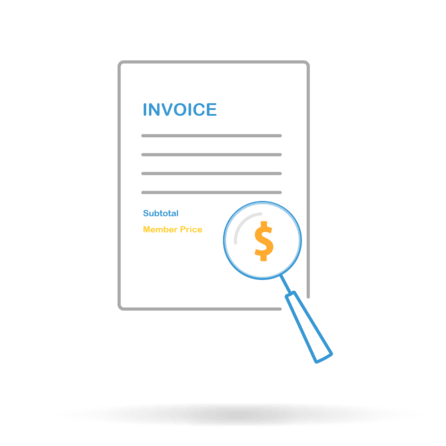 Invoice document with magnifying glass highlighting a dollar sign and member price