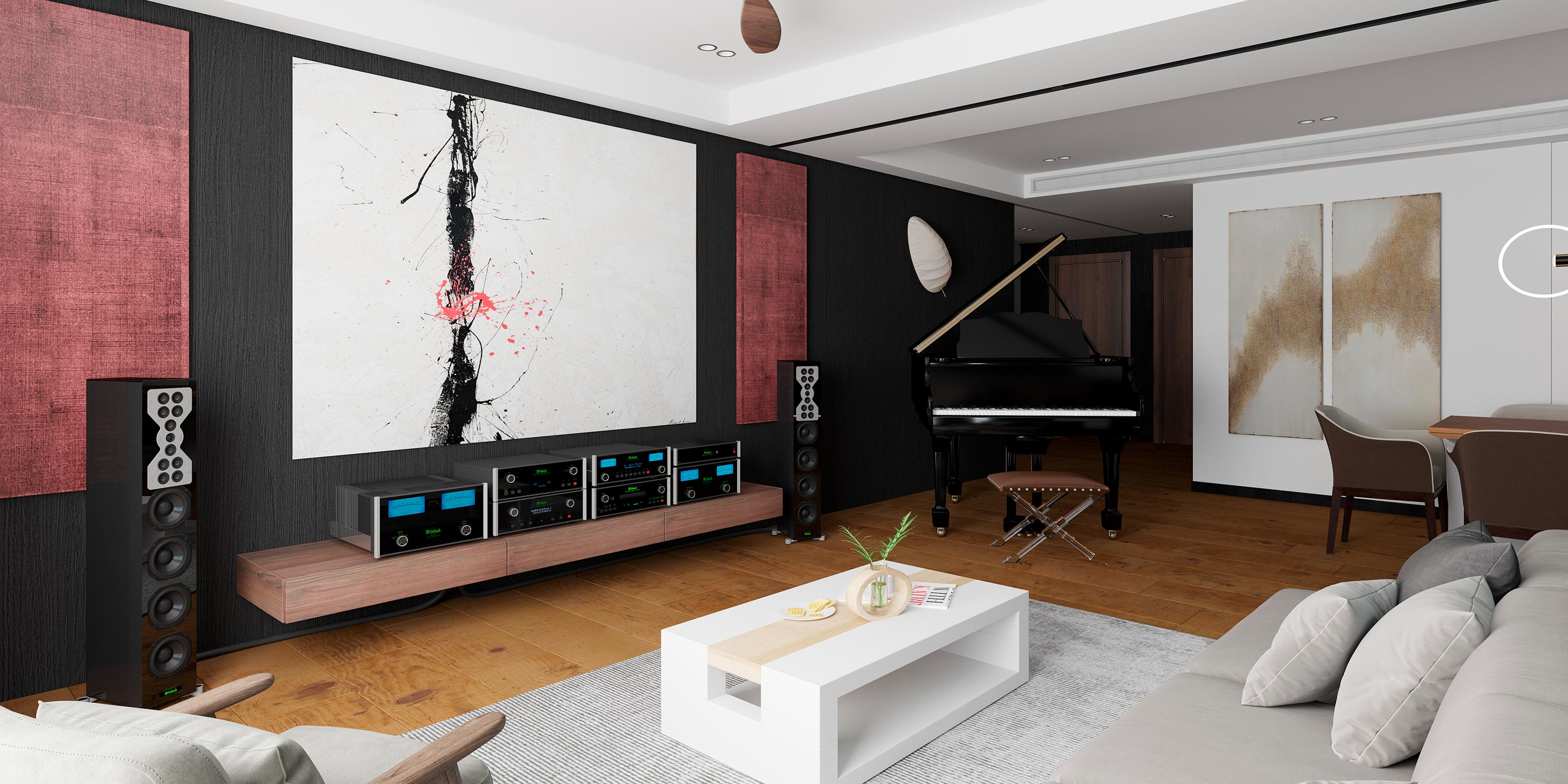 Stylish listening room with high-end speakers, audio equipment, and a grand piano
