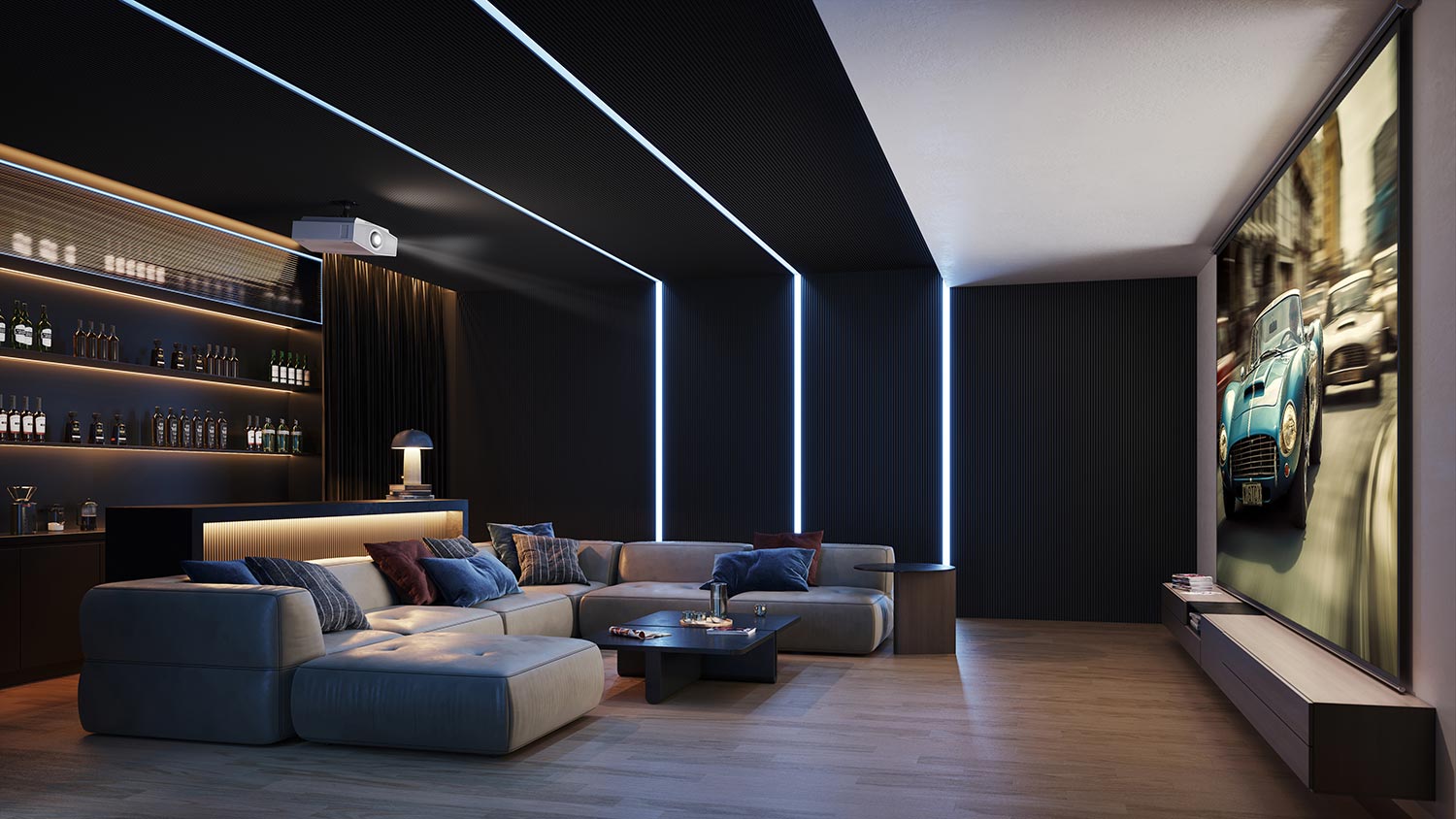 Modern home theater with LED ceiling lights, bar area, and large projection screen