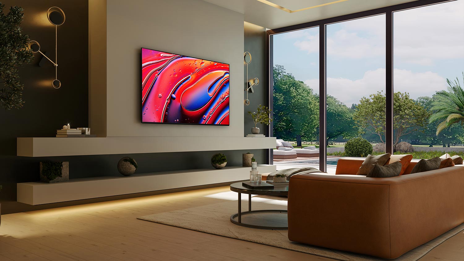 Sleek living room with wall-mounted TV, ambient lighting, and poolside garden view