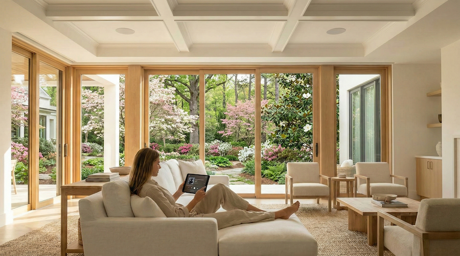 A woman sitting on a white couch, holding a tablet. The room features floor-to-ceiling windows, showing cherry blossom trees outside.