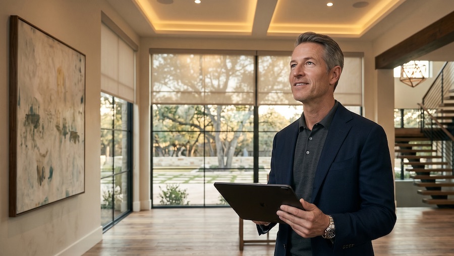 A man holds a tablet and looks up, smiling inside a luxury living room with large windows and warm lighting.