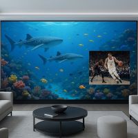 Luxury living room with a full-wall MicroLED display showing underwater scenery and a basketball game in split-screen mode.