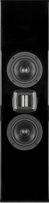 Tall black Wisdom Audio speaker with two drivers and a tweeter