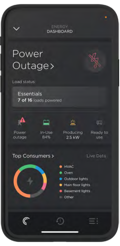 Smartphone displaying energy dashboard with power outage status