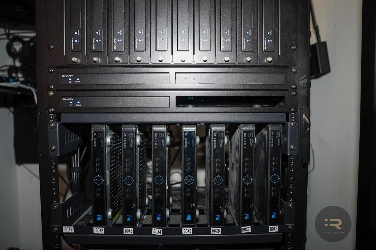Rack-mounted media equipment including multiple DIRECTV receivers and Binary components.