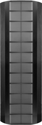 Tall black Wisdom Audio speaker with a grid-like front panel