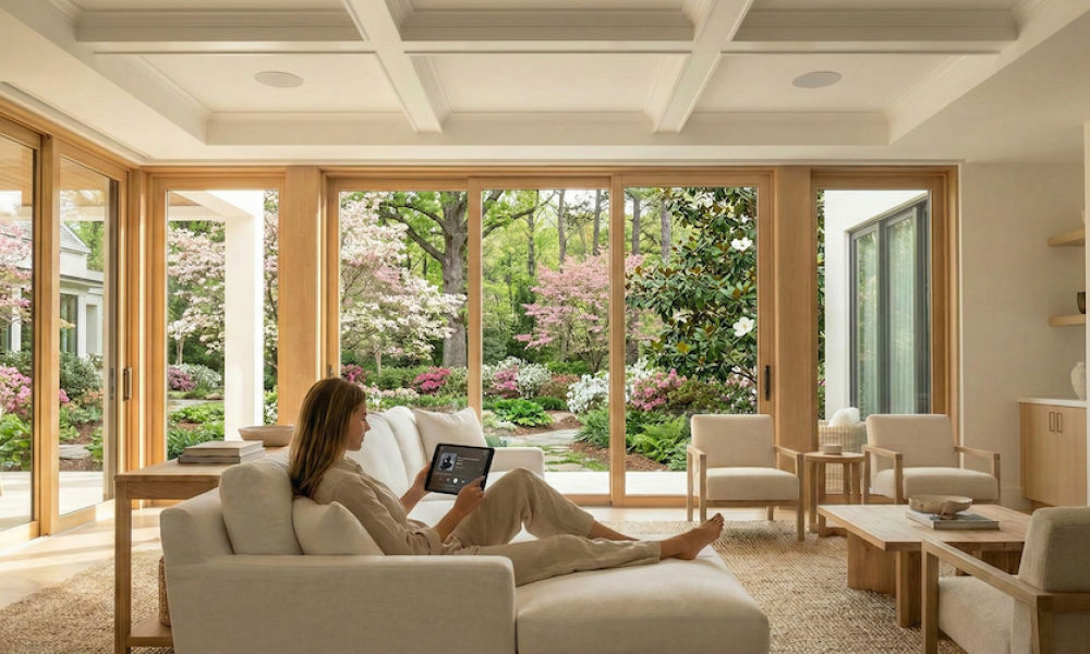 <span class="uk-h4">A woman sitting on a white couch, holding a tablet. The room features floor-to-ceiling windows, showing cherry blossom trees outside.</span>