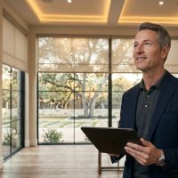 A man holds a tablet and looks up, smiling inside a luxury living room with large windows and warm lighting.