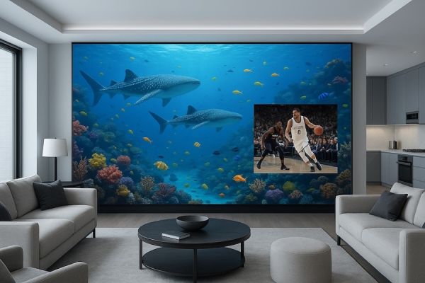 Luxury living room with a full-wall MicroLED display showing underwater scenery and a basketball game in split-screen mode.