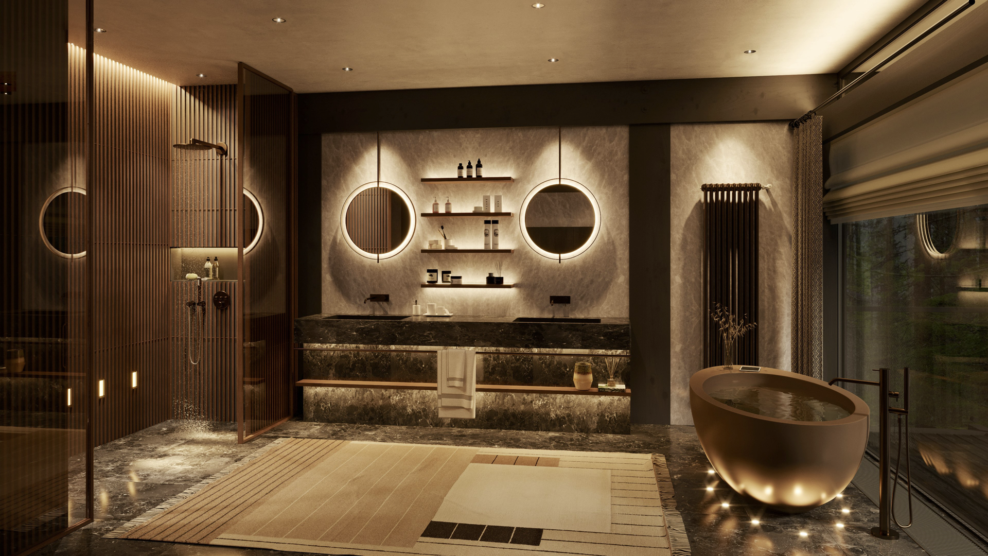 Nightime view of a sleek modern bathroom with a freestanding tub and textured wall design.