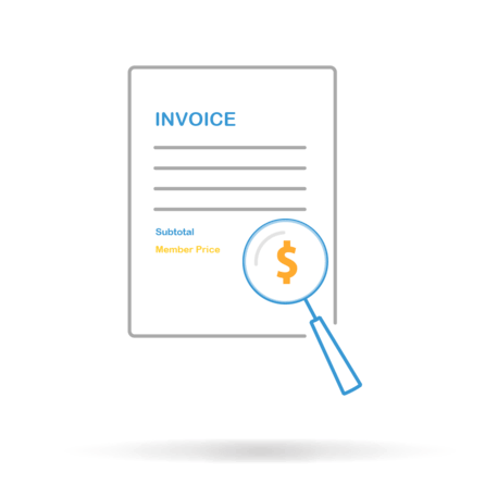 Invoice document with magnifying glass highlighting a dollar sign and member price