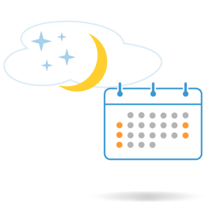 Night mode calendar with stars and moon above a scheduling icon