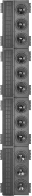 Tall black Wisdom Audio speaker with multiple drivers and metal panels