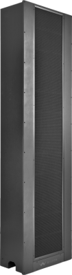 Tall black Wisdom Audio speaker with a metal grille front panel