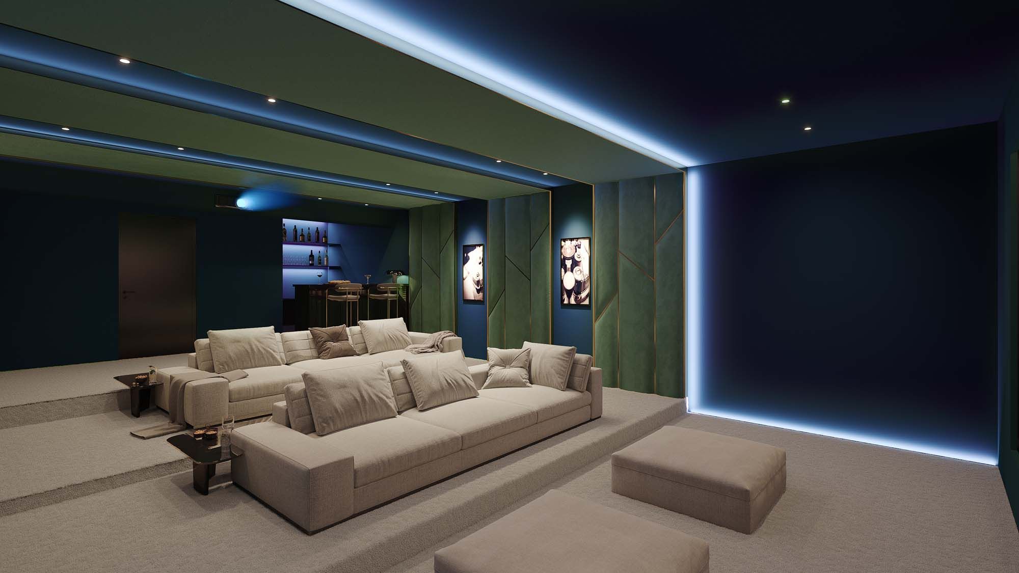 Stylish home theater room with tiered seating and illuminated blue wall
