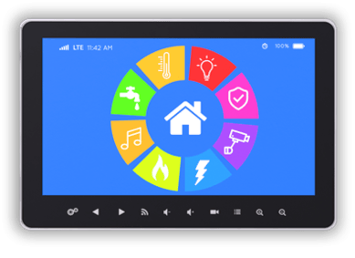 Smart home control panel with colorful icons representing various home automation functions